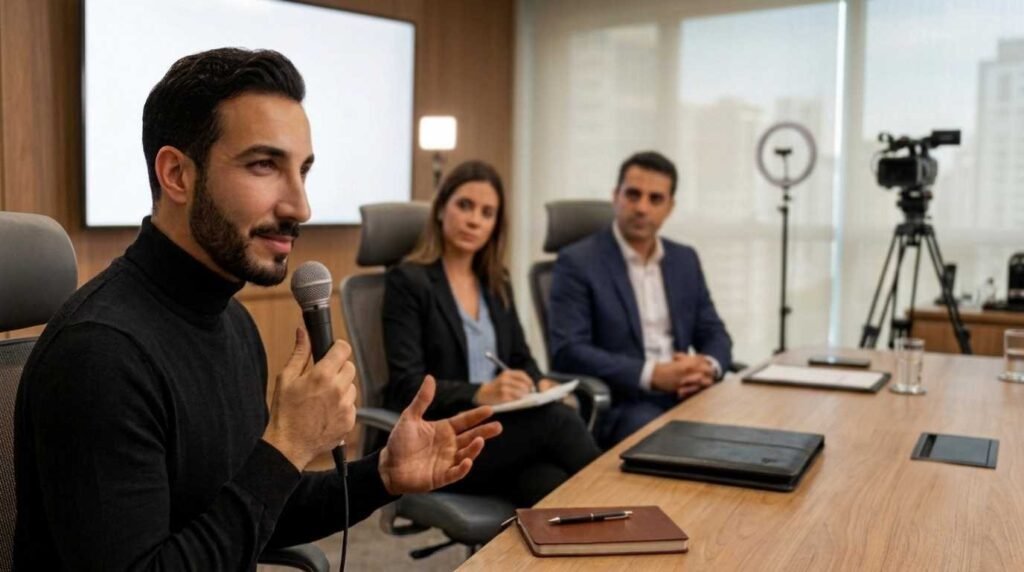 Andrés Gianni durante treinamento de Media Training para líderes e executivos, com foco em comunicação estratégica e gestão da reputação