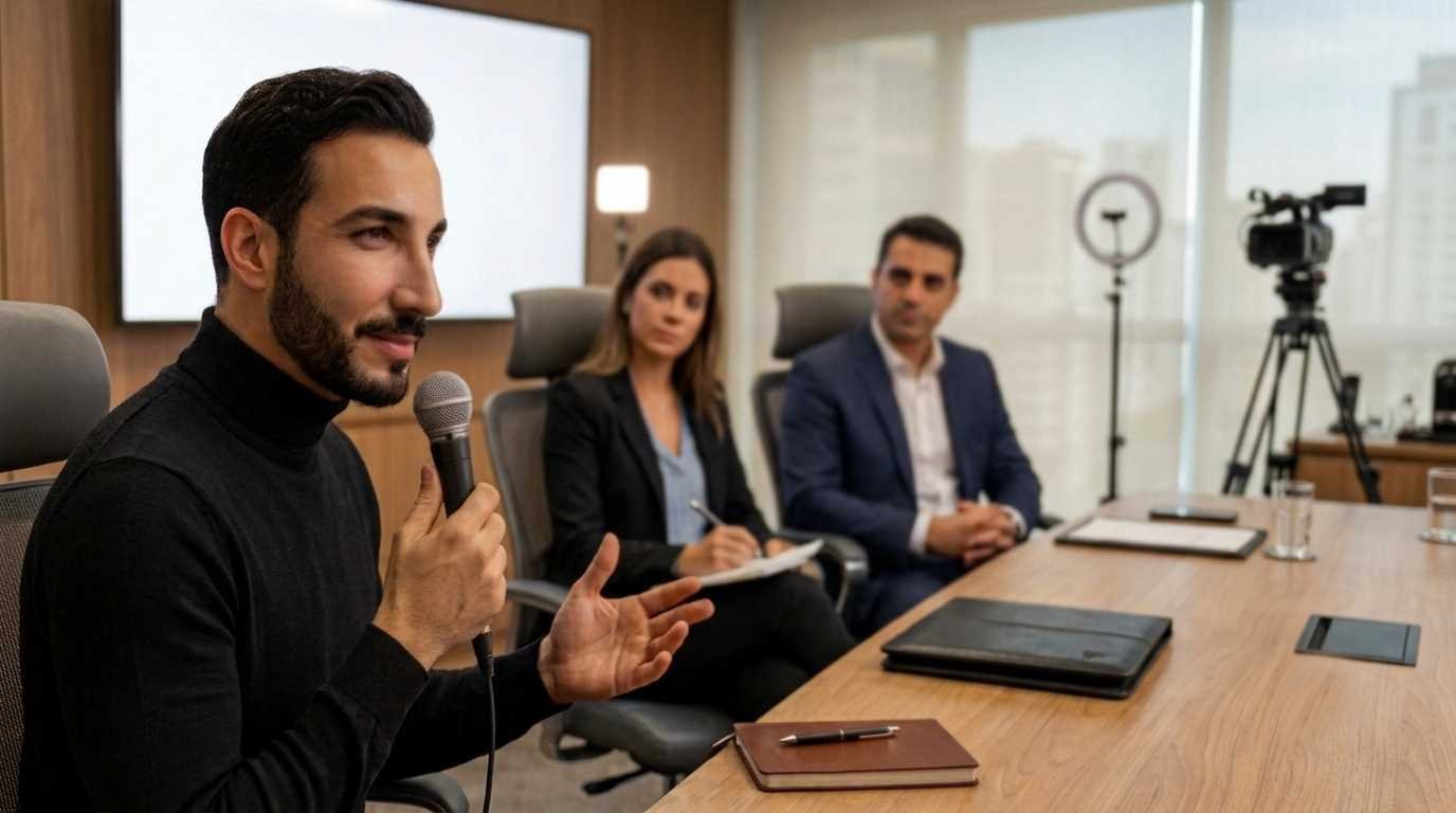 Andrés Gianni durante treinamento de Media Training para líderes e executivos, com foco em comunicação estratégica e gestão da reputação